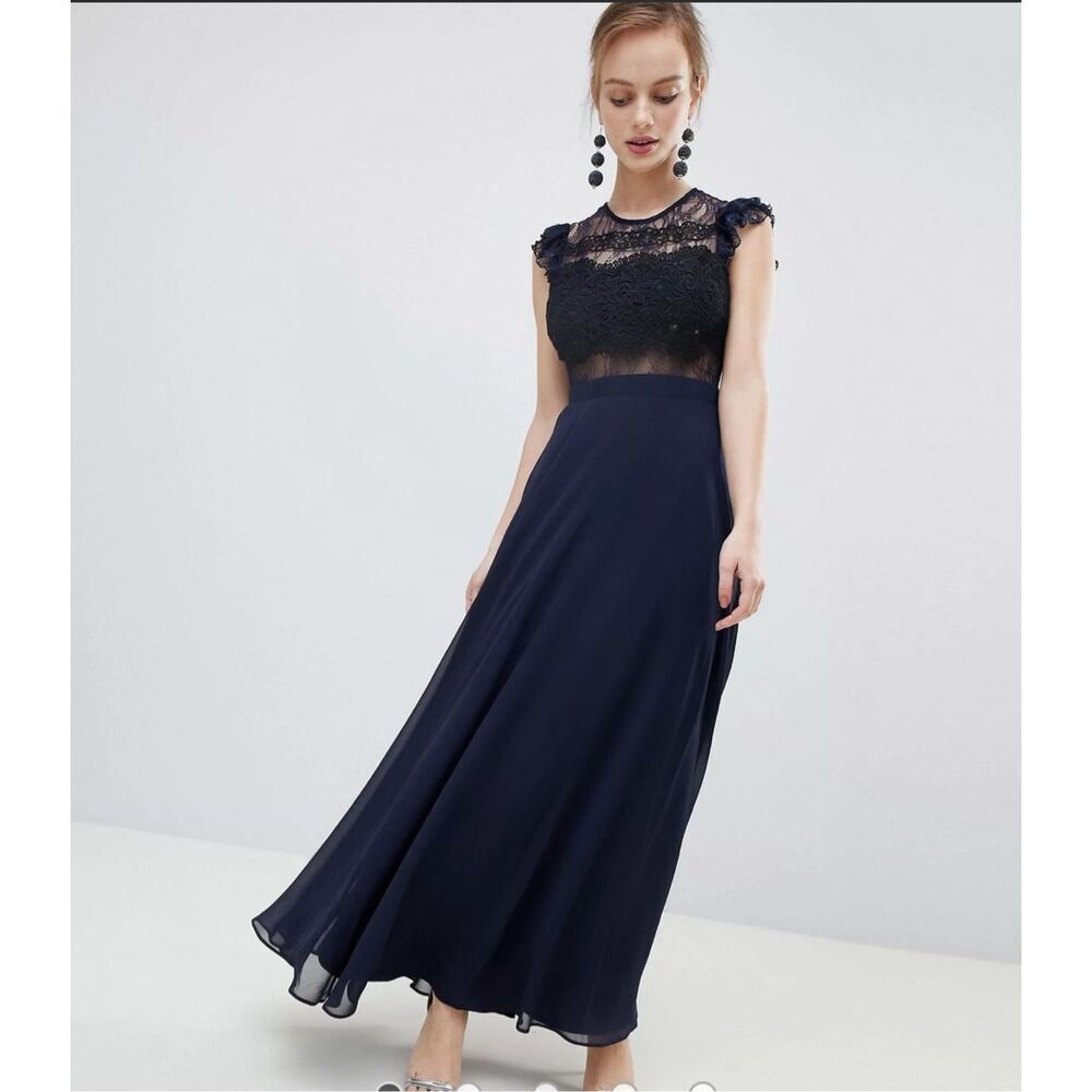 ASOS Lace Maxi Dress with Lace Frill Sleeves Navy Blue Size 10
